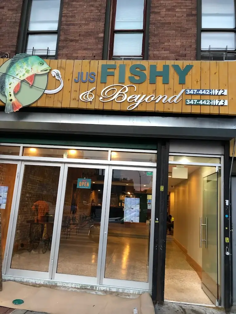 Jus Fishy & Beyond Seafood Restaurant storefront in Flatbush, Brooklyn
